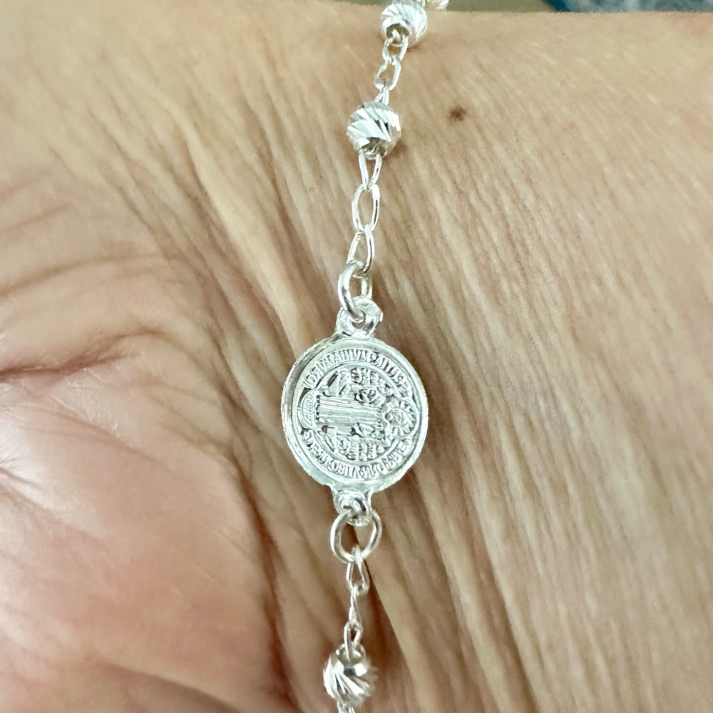 Sterling Silver 925 Bracelet Solid Chain & Small Balls Saint Benedict Protector